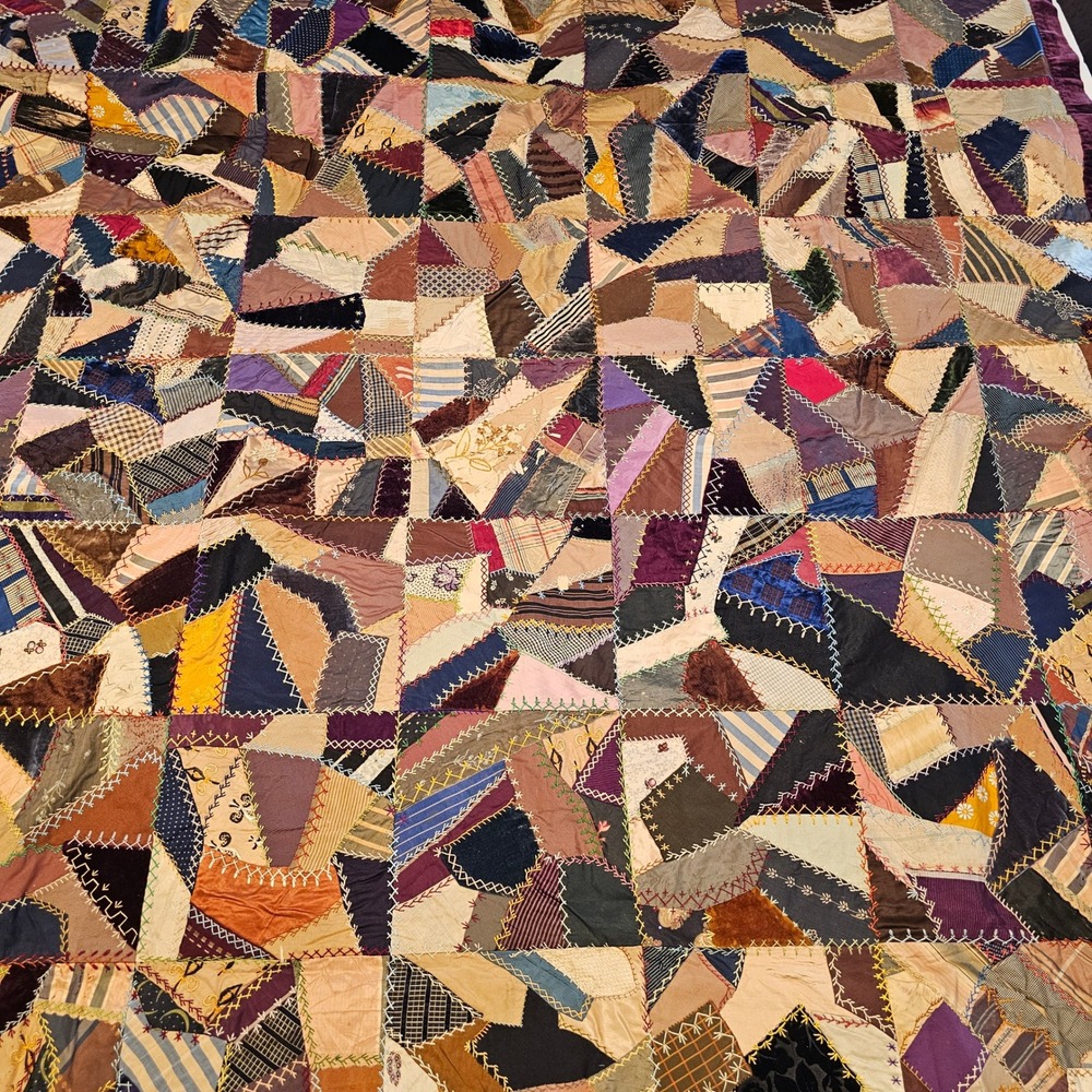 Antique Victorian Crazy Quilt Silk Velvet Embroidered Patchwork 61x67 Burgundy